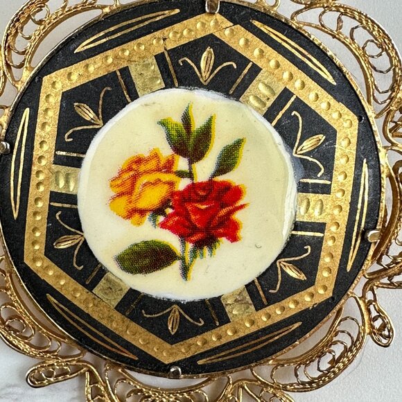 Vintage Filigree Damascene Guilloche Rose Brooch With Yellow & Red Floral Design - Picture 2 of 10